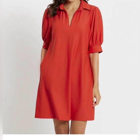 Jude Connally Dresses & Skirts - Jude Connally Emerson Puff-Sleeve V-Neck Shift Dress, Coral Red, S, Like New